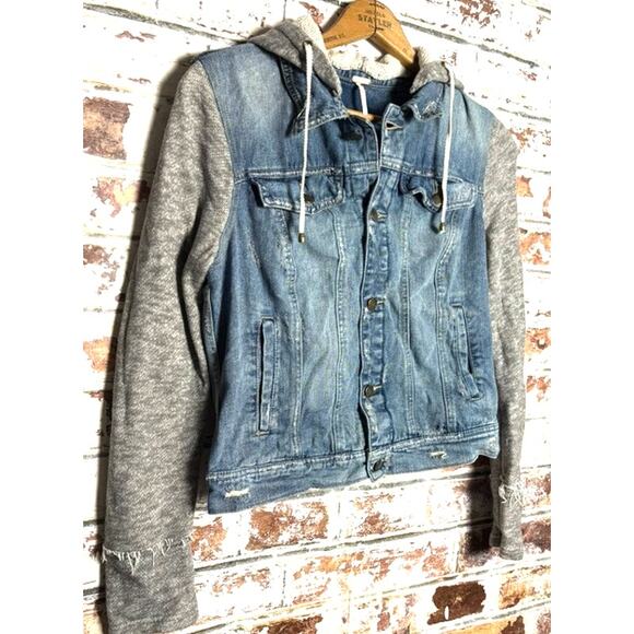 Free People Indie Wash Knit Hood & Sleeve Sweater Pure Cotton Jean Jacket - Picture 8 of 13